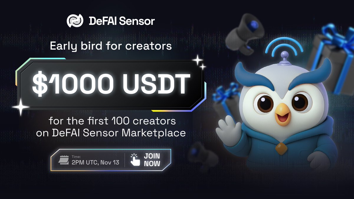 DefaiSensor's tweet photo. 🔥 LIVE NOW 🔥 #EARLYBIRD FOR CREATORS — $1,000 USDT REWARDS 🐦

The wait is over — it’s time to create, post & earn with @DeFAISensor 💥

🕒 Time: Nov 13 – 23 (2 PM UTC) 
💰 Prize Pool: 1,000 $USDT → 100 creators

📣 How to Join 
1️⃣ Follow @DeFAISensor & Join Telegram https://t.co/juPJ9cpDzy 
2️⃣ Like + Retweet this post 
3️⃣ Login https://t.co/5CoxJ3VWCB
4️⃣ Create your Hub & share your first post

🏆 Winners Eligibility 
✅ Posts must be verified & original (counting from when this campaign starts) 
✅ Topics: future trading, alpha insights, or InfoFi ecosystem 
✅ Rewards will be distributed based on content quality, judged by our Moderation Board

🚫 Not eligible: Duplicate, low-effort or spam content

Ready to earn from your insights 
👉 JOIN NOW: https://t.co/5CoxJ3VWCB