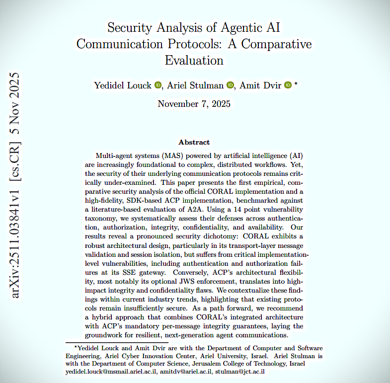 Coral_Protocol's tweet image. A new research paper compared A2A, ACP, and CORAL

It found Coral to demonstrate a more secure and robust foundation for safe agent-to-agent applications of AI.

It highlights Coral’s multi-layered architecture, spanning the application to blockchain layer with:

→ End-to-End…