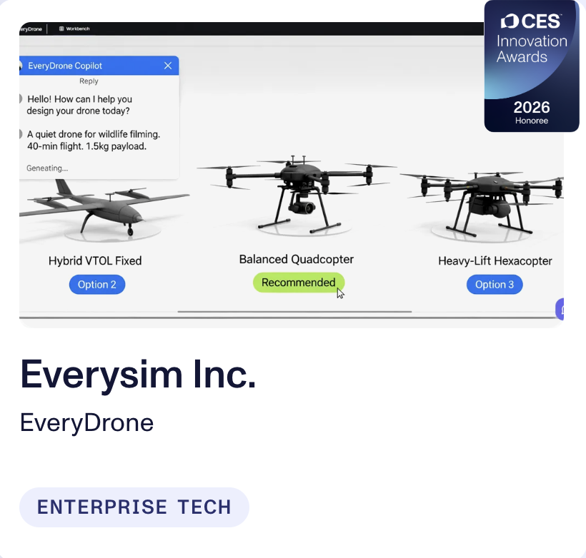 everysim_team's tweet photo. 🏆EveryDrone has been selected as a CES 2026 Innovation Awards Honoree in the Enterprise Tech category!
We’re grateful for your support and committed to making engineering simulation faster, smarter, and more accessible.

#CES2026 #InnovationAwards #EveryDrone #EverySim #CAE #UAV https://t.co/8VM2ZGeyB1