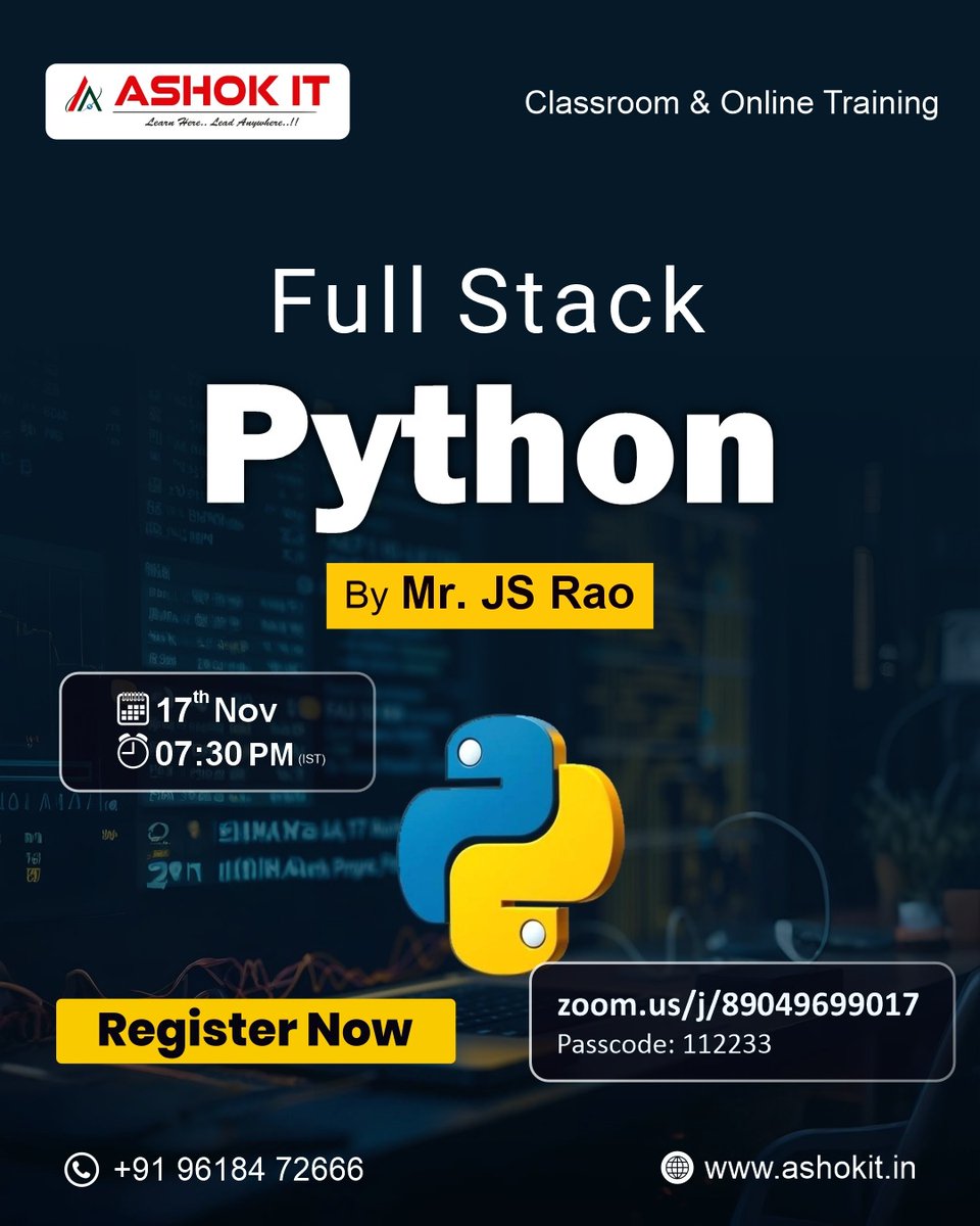 ashokitschool's tweet image. ✨ Full Stack Python – Classroom &amp;amp; Online Training
📲 Register Now: tr.ee/5J3k8E

👨‍🏫 Trainer: Mr. JS Rao
📅 Date: 17th November
⏰ Time: 07:30 PM (IST)
💻 Mode: Classroom &amp;amp; Online

#Python #FullStackPython #WebDevelopment #Django #Flask #BackendDevelopment