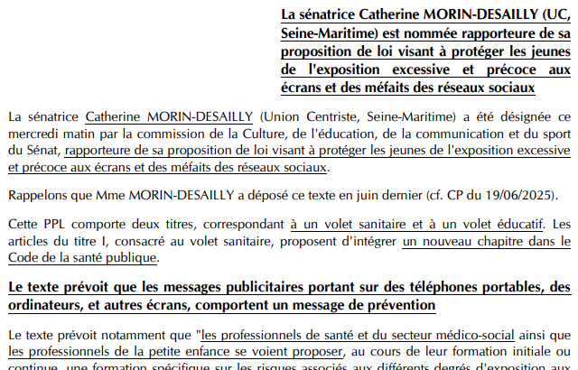 #AujourdhuiDansLaCorres La sénatrice (UC, Seine-Maritime) Catherine Morin-Desailly est nommée rapporteure de sa proposition de loi visant à protéger les jeunes de l'exposition excessive et précoce aux écrans et des méfaits des réseaux sociaux. #Médias