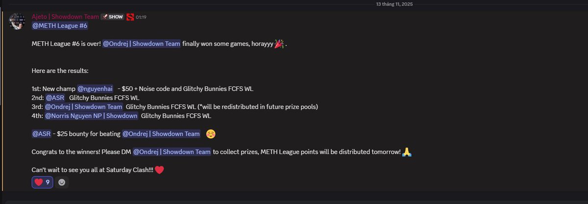 THE EPIC METH LEAGUE #6 HAS CONCLUDED! 🏆

A huge congratulations to our New champ <a href="/nguyenhai/">Hai Nguyen</a> for outstandingly securing 1st place and taking home the full prize of $50 + Noise code and Glitchy Bunnies FCFS WL! 

2nd Place: @ASR
3rd Place: <a href="/OndrejStrasky/">Ondrej Strasky</a>