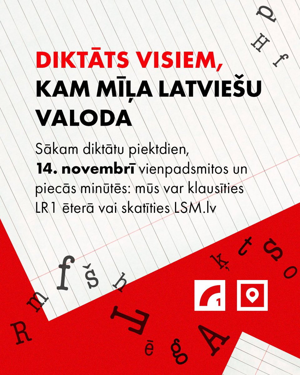 📝🇱🇻 Diktāts visiem, kam mīļa latviešu valoda! Rīt, plkst.11.05 diktātu būs iespējams klausīties LR1 ēterā vai skatīties LSM.lv un <a href="/LatvijasRadio/">Latvijas Radio</a> Youtube kanālā.

👉 ej.uz/latviešu-valod…

Veiksmīgu diktātu novēl Latvijas Radio!