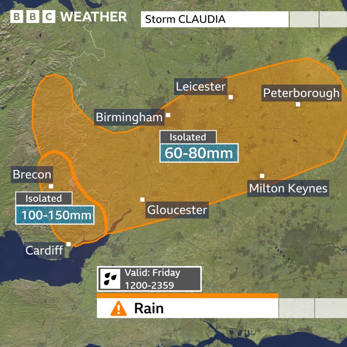 MetMattTaylor's tweet image. Storm CLAUDIA (named days ago by the Spanish weather service) will bring heavy rain and strong winds to our shores on Friday.

Met Office AMBER warning areas for RAIN below - flooding possible.

⚠️Full warnings for Friday bbc.co.uk/weather/warnin… @bbcbreakfast