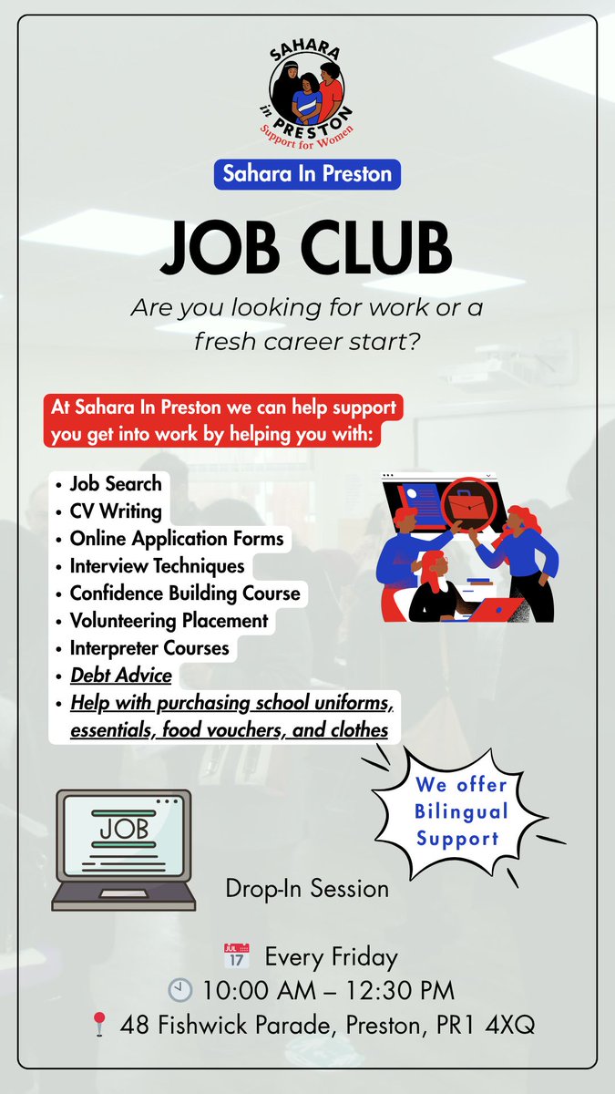 Do you have an interview coming up? 🤔
Feeling unsure or lacking confidence? 🫣

Join us tomorrow at Sahara in Preston’s Job Club for our Interview Techniques Course!
🕥 Time: 10:30 AM
📍 Location: Sahara in Preston