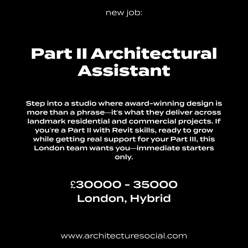 ArchitectureSoc's tweet image. Join a renowned London studio as a Part II Architectural Assistant, shaping residential and commercial projects with talented teams. Immediate starters welcome. Enjoy hybrid working, paid study leave, Part III support, and a vibrant culture designed to help you grow. Ready to…