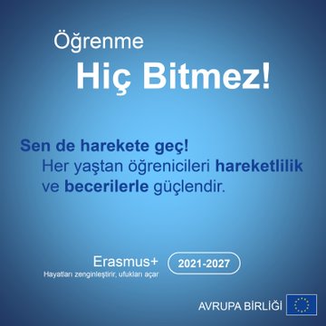 First image shows a woman wearing a white Oculus VR headset and holding controllers standing in a dark room with blue lighting wearing a black v-neck top demonstrating virtual reality technology in context of skill development. Second image features blue background with white text Yolunu Çiz emphasizing drawing ones path through climate change challenges digital innovation green skills and capacity building for Erasmus+ 2021-2027. Third image displays blue background with white text Öğrenmeye Hiç Bitmez encouraging continuous learning and mobility for young people to empower their skills and experiences under Erasmus+ 2021-2027. Fourth image presents blue background with white text Avrupanın Geleceğine Yatırım making investment in Europes future through Erasmus+ supporting skilled and resilient Europe from today with EU flag.