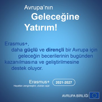 First image shows a woman wearing a white Oculus VR headset and holding controllers standing in a dark room with blue lighting wearing a black v-neck top demonstrating virtual reality technology in context of skill development. Second image features blue background with white text Yolunu Çiz emphasizing drawing ones path through climate change challenges digital innovation green skills and capacity building for Erasmus+ 2021-2027. Third image displays blue background with white text Öğrenmeye Hiç Bitmez encouraging continuous learning and mobility for young people to empower their skills and experiences under Erasmus+ 2021-2027. Fourth image presents blue background with white text Avrupanın Geleceğine Yatırım making investment in Europes future through Erasmus+ supporting skilled and resilient Europe from today with EU flag.