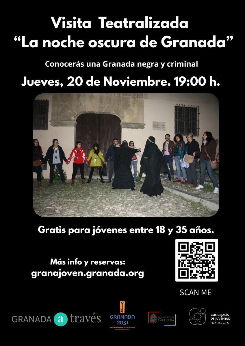 VISITA NOCTURNA: “LA NOCHE OSCURA DE GRANADA”
Descubre una Granada negra, criminal y llena de secretos que siguen estremeciendo con el paso del tiempo... 
Plazas limitadas. Jóvenes entre 18 y 35 ñ
Descarga tu invitación + info: granajoven.granada.org 

<a href="/GranadaAtraves/">Cementerio Granada</a> <a href="/aytogr/">Ayuntamiento de Granada</a>