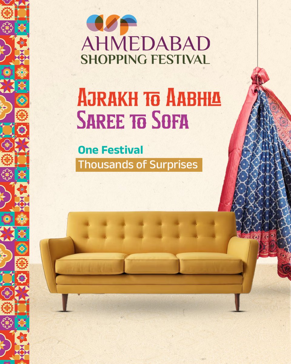 amdshoppingfest's tweet image. Ajrakh to Aabhla, 
Saree to Sofa🥻

From heritage weaves to home style, find everything you love in one festival. 🛍️

One destination, thousands of surprises—only at the Ahmedabad Shopping Festival.

#ASF2025 #AhmedabadShoppingFestival2025 #Somethingforeveryone #swadeshishopping…