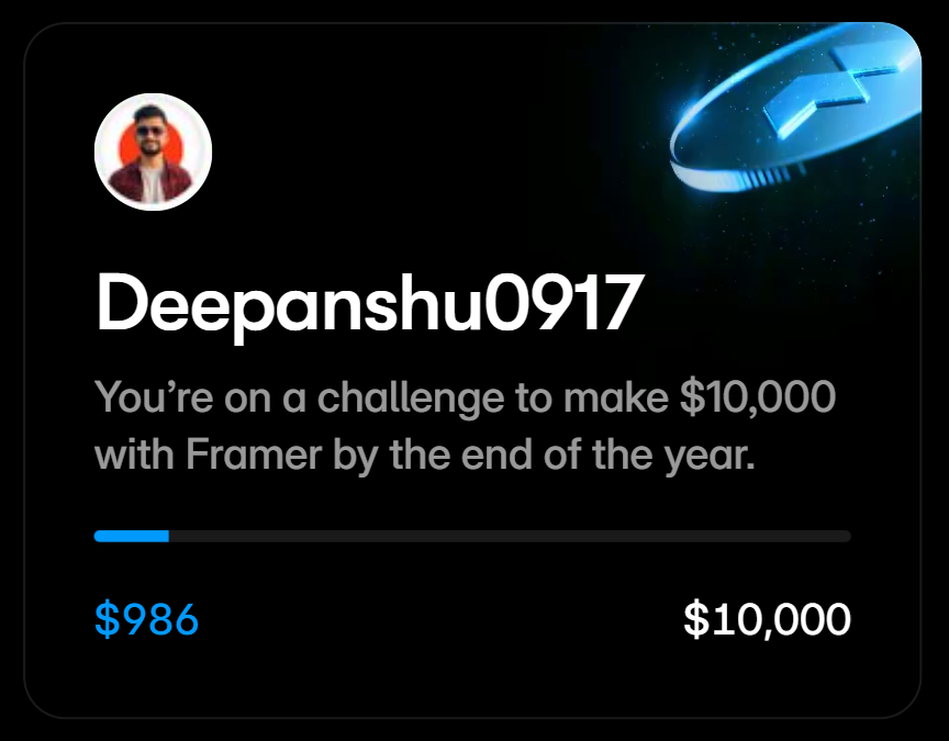 Deepanshu0917's tweet image. 💥 Big milestone week in the Framer grind!

✅ First 100 customers from my components hit triple digits! 🙌
🧩 $136 in sales this week (23 new users)
🪄 New component approved
🔥 Client project about to go live soon

Running total: $986

#FramerChallenge @framer @framernews