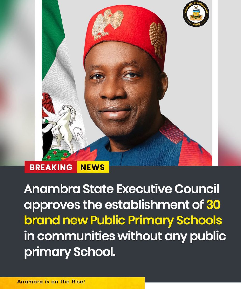 AnambraNewMedia's tweet image. PRESS RELEASE

ANAMBRA STATE GOVERNMENT TO BUILD 30 NEW SCHOOLS, SCORES GUBER ELECTION EXCELLENT. 

#Solutioncontinues #AnambraIsRising