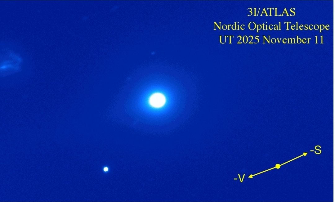 AstronomyVibes's tweet image. 🚨 Something Strange About 3I/ATLAS... 🚨

New images from the Nordic Optical Telescope (taken on Nov 11, 2025 by astronomers David Jewitt and Jane Luu) just dropped — and 3I/ATLAS looks nothing like a normal comet.

It’s still active, still glowing… and shooting a massive jet…