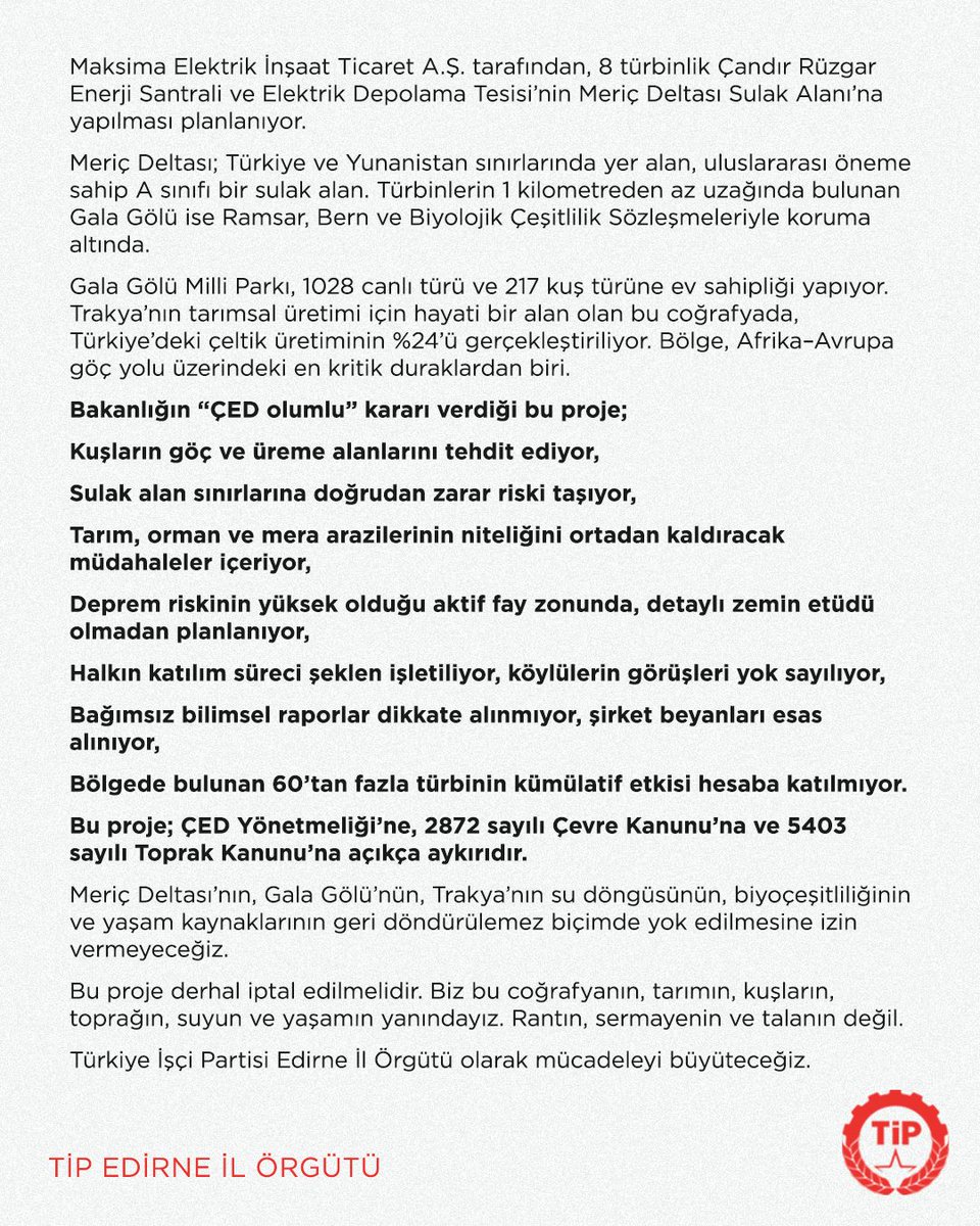 tip_edirne's tweet photo. Meriç Deltası’nın, Gala Gölü’nün, Trakya’nın su döngüsünün, biyoçeşitliliğinin ve yaşam kaynaklarının geri döndürülemez biçimde yok edilmesine izin vermeyeceğiz.

Biz bu coğrafyanın, tarımın, kuşların, toprağın, suyun ve yaşamın yanındayız.
Rantın, sermayenin ve talanın değil. https://t.co/l2LMf3P4xk