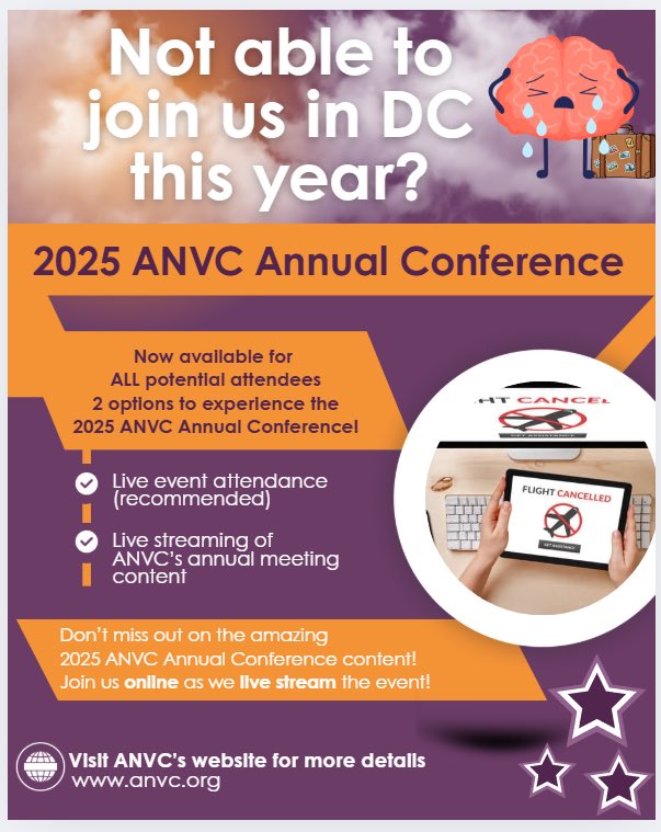 Due to the ongoing uncertainty with flight delays &amp; cancellations, &amp; the possibility that some of our members may be unable to travel, a virtual attendance option for #ANVC25 is now available for the full two days of our conference.

Contact our Member Specialist at info@anvc.org