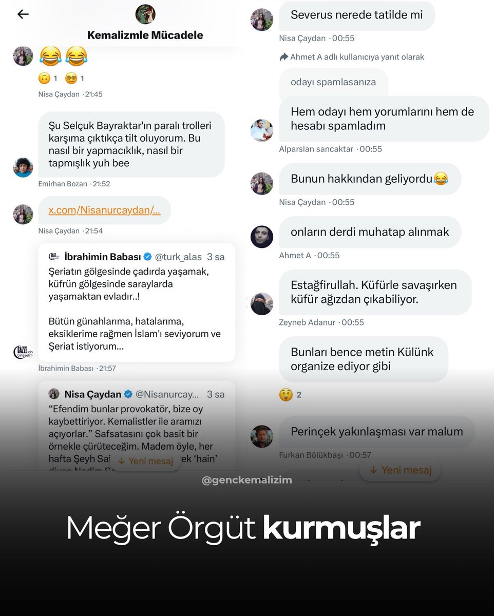 Sayın Cumhurbaşkanımıza yönelik suikast iddiasıyla tutuklanan Furkan Bölükbaşı’nın gözaltına alınmasının ardından, organize suç örgütüne dahil olduğu iddia edilen bir üye, örgüte ait sohbet kayıtlarını ifşa etti.
AKP’nin tüm kadrosuna hakaret eden ( metin külünk, Devlet bahçeli,