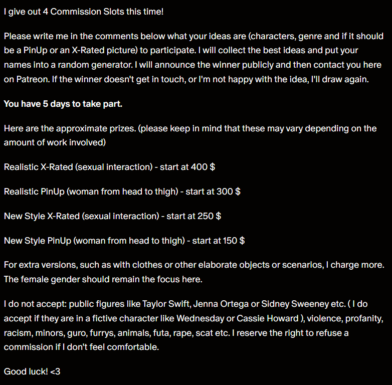You can win now one of four Commission Slots. Join me on Patreon (as a free member) to participate. Comments here on Twitter won't count. Good Luck 🤍