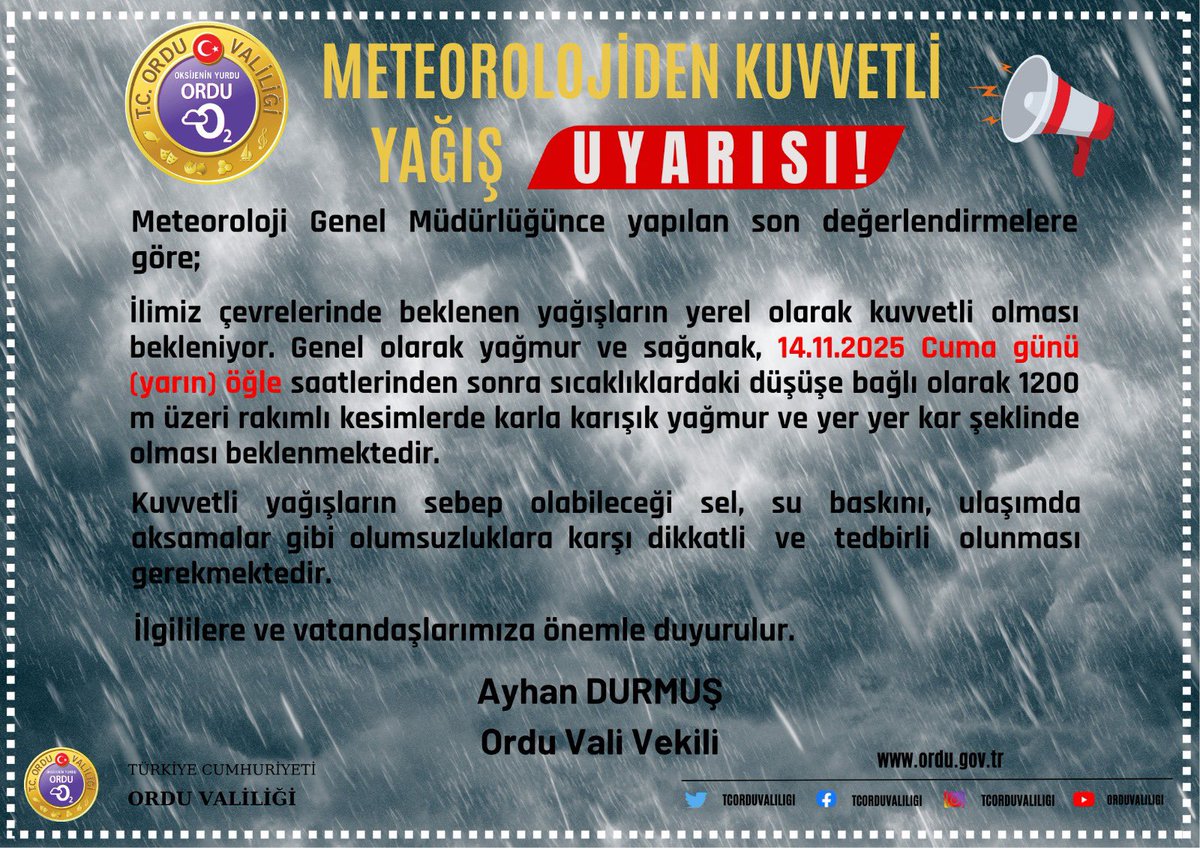 Meteoroloji, ilimiz için kuvvetli yağış uyarısında bulundu. 

Lütfen! Dikkatli ve tedbirli olalım.