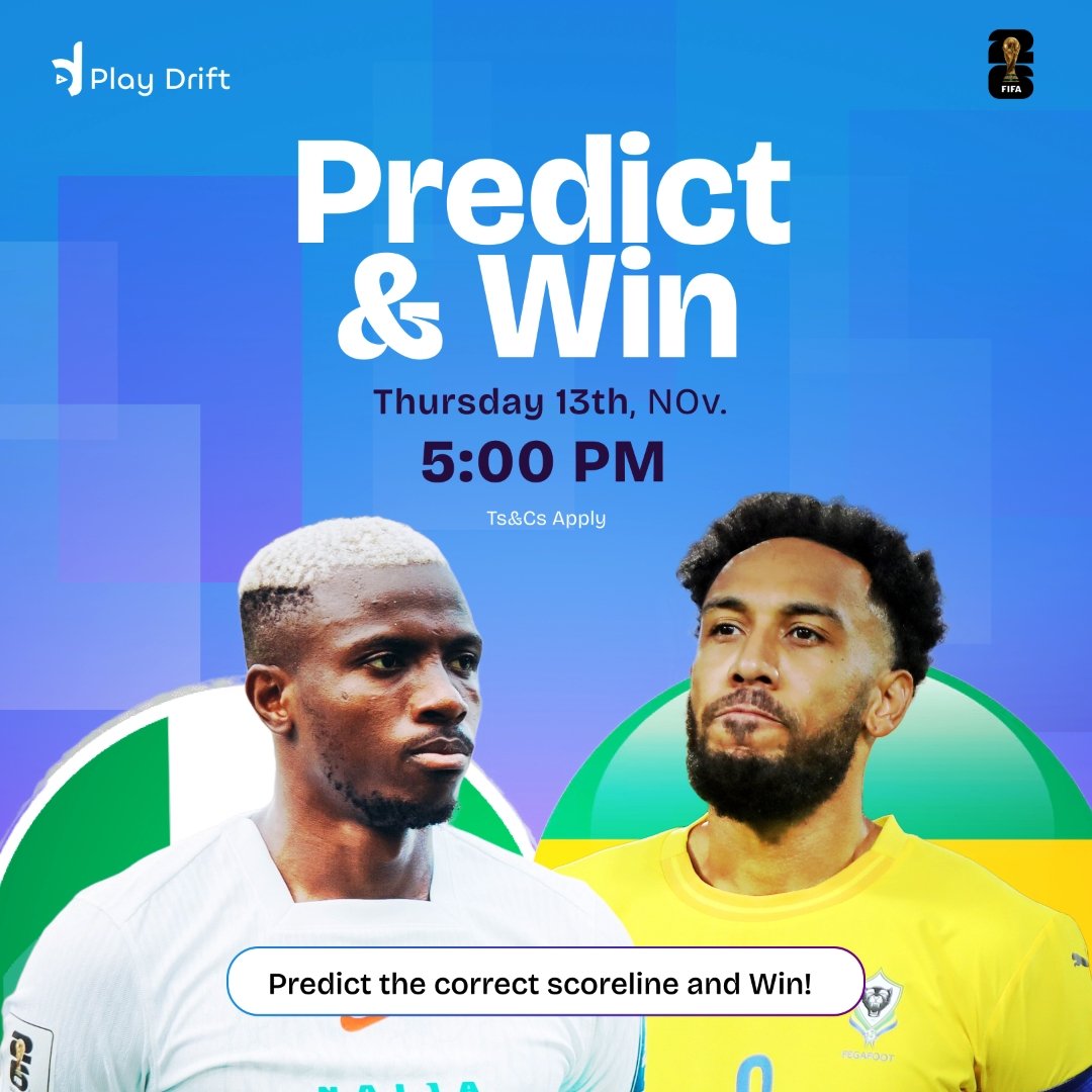driftmusicapp's tweet image. Super Eagles are back in action! 🦅

Nigeria 🇳🇬 vs Gabon 🇬🇦  WCQ thriller incoming ⚽
Predict the correct scoreline &amp;amp; win ₦2,000! 💰
To qualify:
✅ Follow us
✅ Like this post

Drop your prediction below 👇