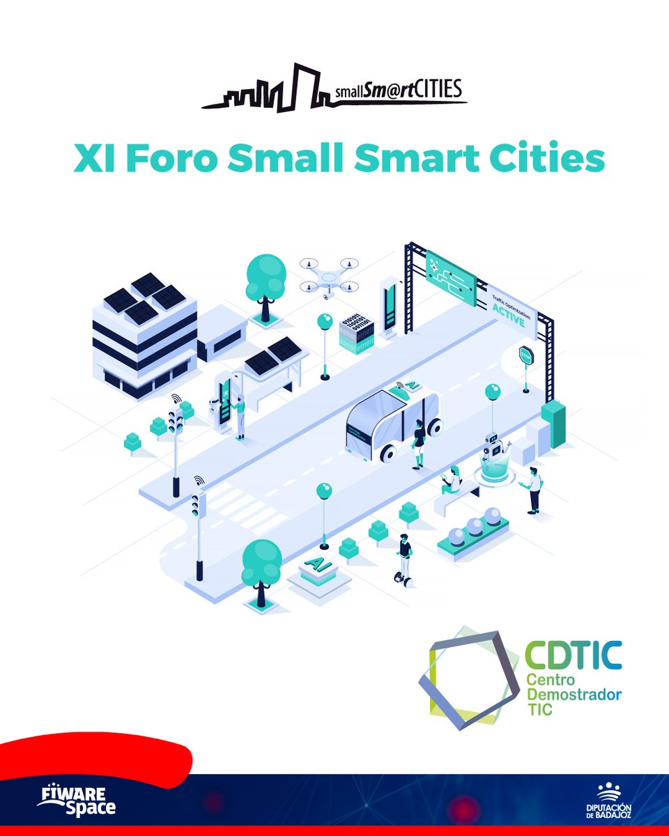 La semana que viene, tienes una cita que no te puedes perder en el XI Foro Small Smart Cities, organizado por el Centro Demostrador TIC de Extremadura (CDTIC). 🙌
En este evento se dan cita empresas, instituciones y profesionales del sector tecnológico.

#FIWARESpace #DipBdjz