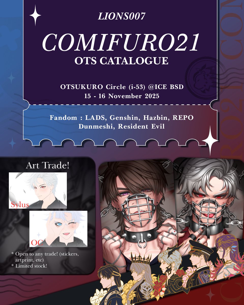 lionss007's tweet image. [❤️+🔁 appreciated]
Here&apos;s my #cf21 full OTS catalogue ✨

I&apos;m also open for #arttrade ! More details below 👇

📍Circle Otsukuro (i-53)
📅15-16 Nov 2025

⭐️ LADS, REPO, Resident Evil, Hazbin, Dunmeshi, Genshin ⭐️

#comifuro21catalogue #comifuro21