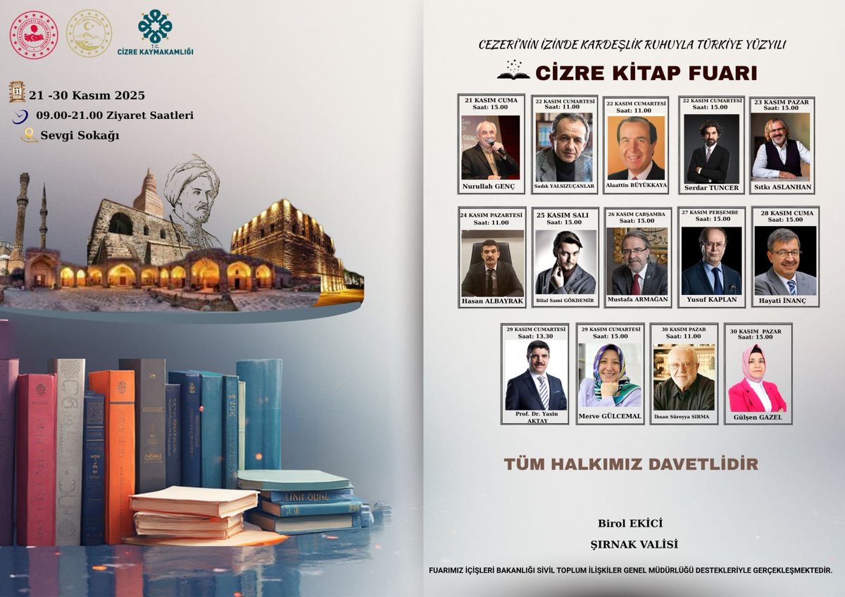 Cizre Kitap Fuarı Başlıyor!

Cizre'miz, kültür ve edebiyat dolu günlere hazırlanıyor!
100 binlerce kitabın, 100’lerce yazar, şair, konuşmacı ve sanatçının yer alacağı Cizre Kitap Fuarı, 21-30 Kasım tarihleri arasında Cizre Sevgi Sokağı’nda kitapseverlerle buluşacak.