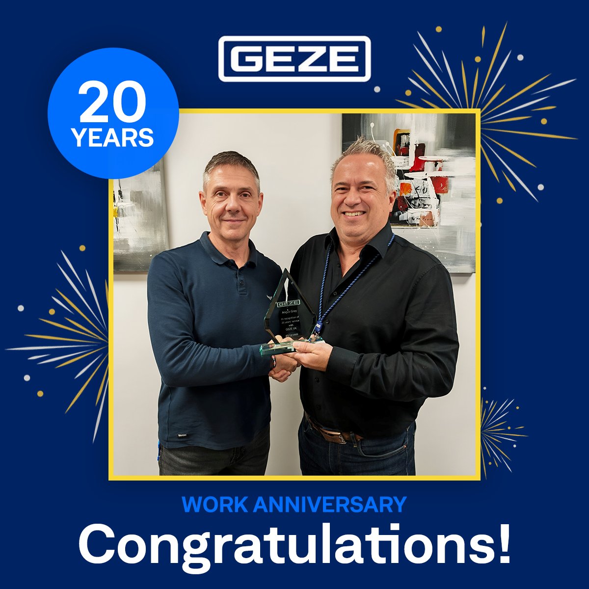 GEZE_UK's tweet photo. Congratulations to Angus Grey on celebrating 20 years with GEZE UK!

Thank you, Angus, for your incredible contribution and loyalty over the past 20 years — here’s to many more! 🎉 https://t.co/AB94J8F9OZ