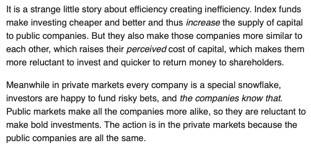 From Money Stuff on Oct 28.

The idea is that index investing increases the correlation between stocks in the index, and this increases the cost of capital for those companies (because investors value low correlation).

Inclusion in the index increases stock prices, but this