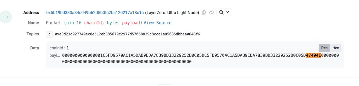 Heard an interesting bit of lore the other day in the office, so I spent my morning coffee time in an Etherscan rabbit hole.

LayerZero’s genesis transaction -
Mar 15, 2022
TX: etherscan.io/tx/0x0379bbca6…

Inside the LayerZero Packet payload you find the hex:
47494E
•0x47 → G