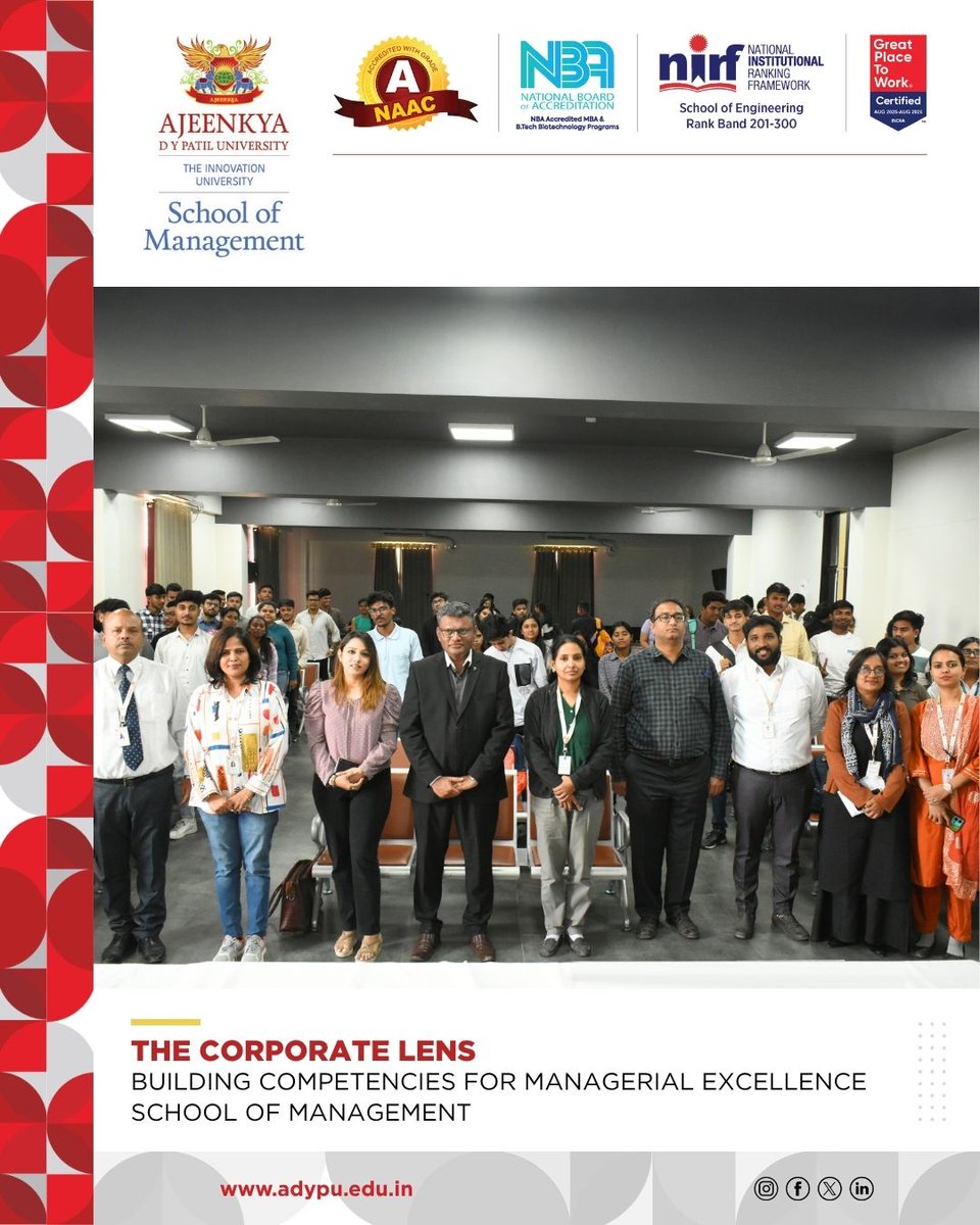 adypuniversity's tweet image. #ADYPU #SchoolofManagement hosted an expert lecture by Mr. Sudeep Anil Gore from Maersk on “The Corporate Lens: Building Competencies for Managerial Excellence,” exploring AI, TechFin &amp;amp; innovation shaping future-ready finance leaders.
#ExpertLecture #FinanceLeadership #MBA #BBA