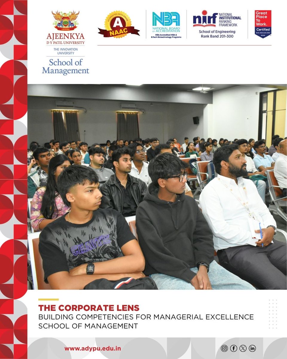 adypuniversity's tweet image. #ADYPU #SchoolofManagement hosted an expert lecture by Mr. Sudeep Anil Gore from Maersk on “The Corporate Lens: Building Competencies for Managerial Excellence,” exploring AI, TechFin &amp;amp; innovation shaping future-ready finance leaders.
#ExpertLecture #FinanceLeadership #MBA #BBA