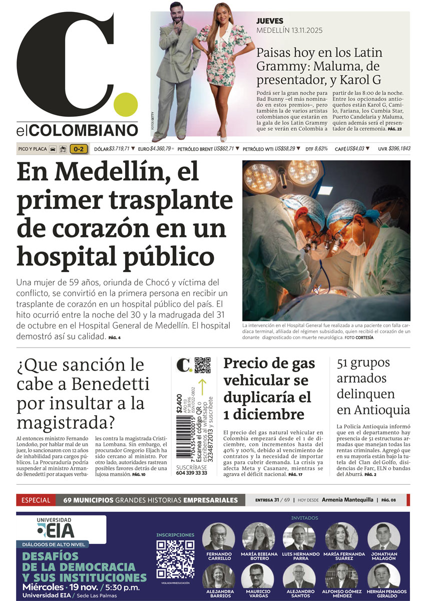 ¡Buenos días! 🔆 Compartimos la #PortadaEC 🗞️ de este jueves, 13 de noviembre. Nos vemos en ➡️ elcolombiano.com con más noticias de Antioquia, Colombia y el mundo 🌎.