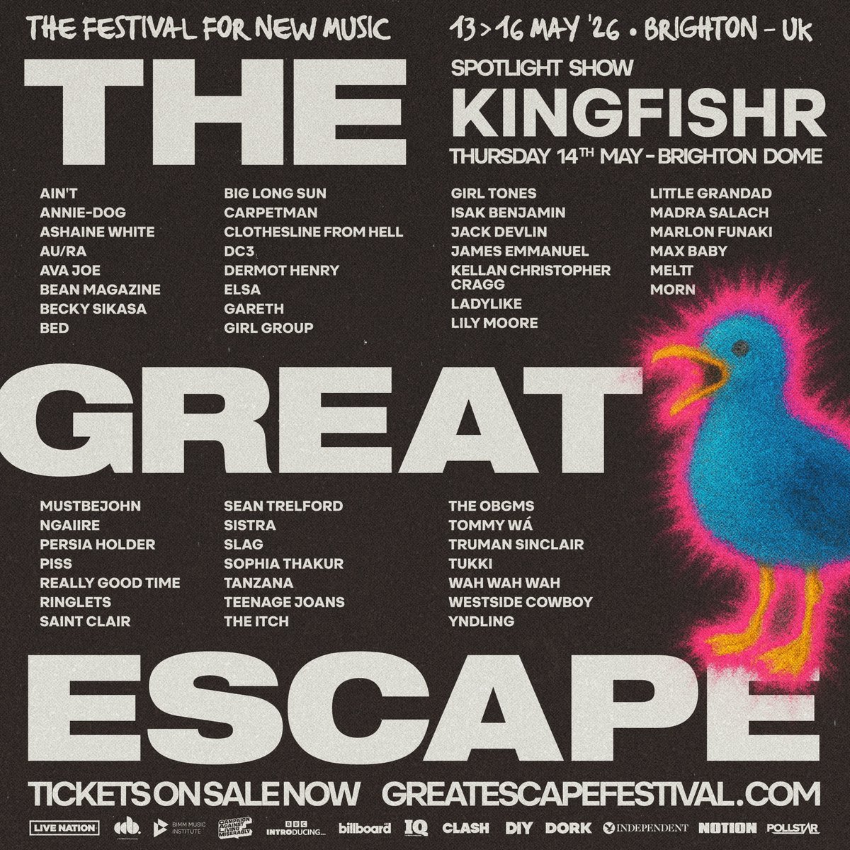 thegreatescape's tweet image. 🚨 ANNOUNCEMENT TIME🚨
Ahead of tonight's #FirstFifty launch meet the final names completing the first wave of fifty artists who will be joining us at #TGE26✨

AND our Spotlight Show at Brighton Dome will be headlined by @KingfishrBand 👑🐟

🎟️ greatescapefestival.com/buy-festival-t…