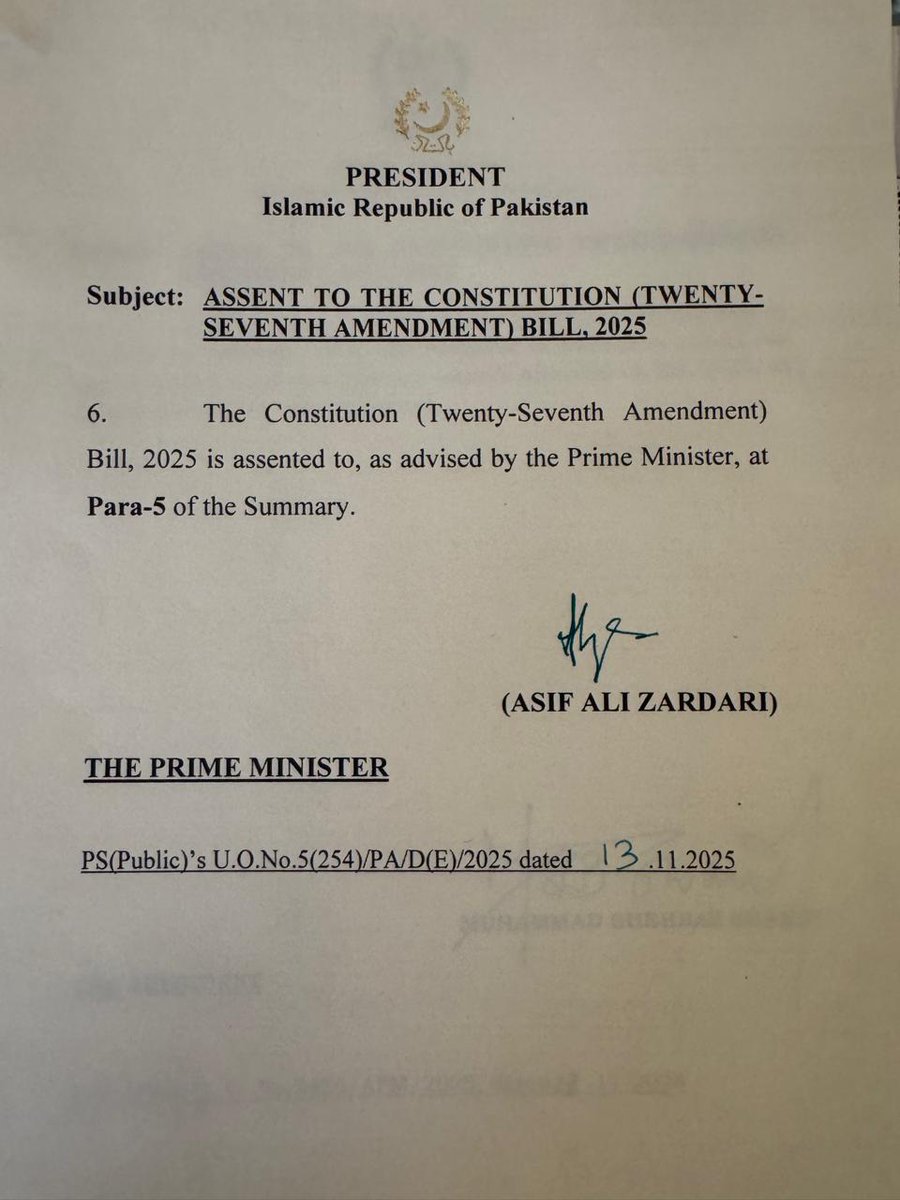KarachiTimes123's tweet photo. The President has signed the bill the constitutional amendment is now part of the Constitution.
#karachiTimes #27Amendment #President #IROP https://t.co/igwrq3c49i