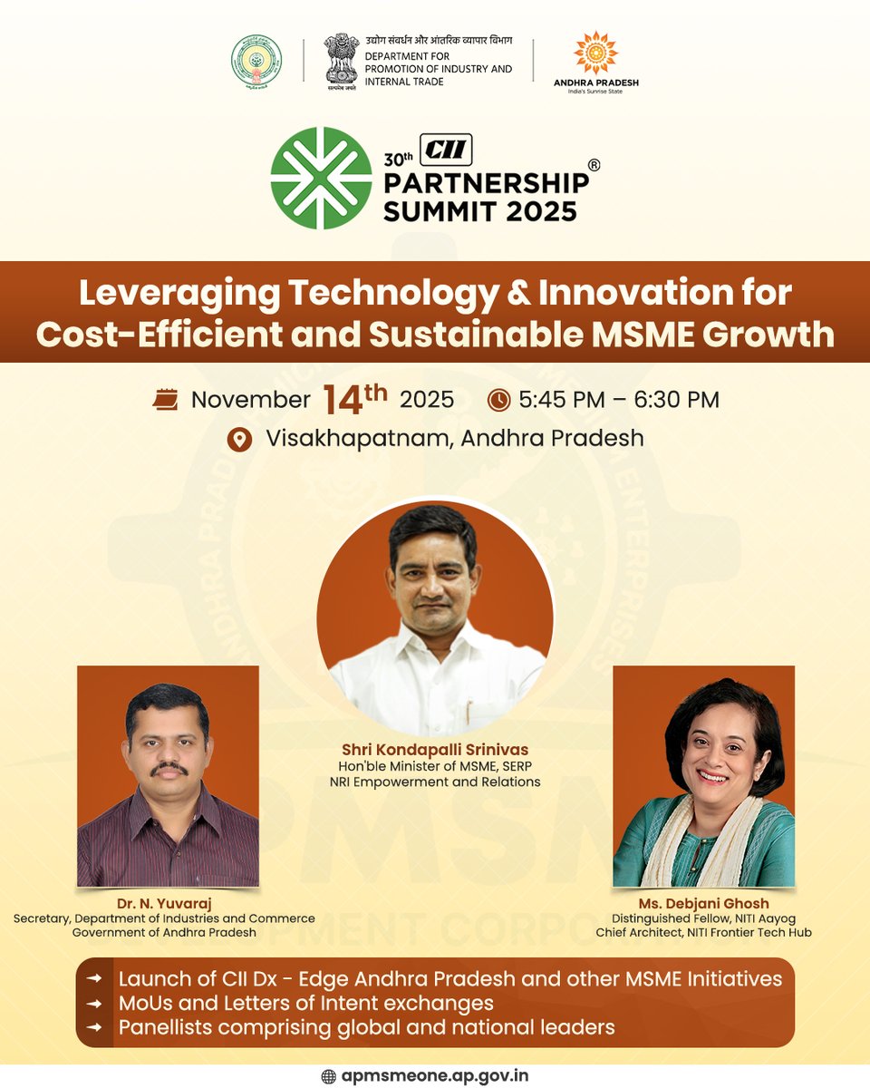 apmsmedc's tweet image. From Disruption to Advantage: Leveraging Technology &amp;amp; Innovation for Cost-Efficient and Sustainable MSME Growth

As part of the upcoming CII Partnership Summit 2025 in Visakhapatnam, this special session will spotlight how digital transformation and innovation are shaping the…