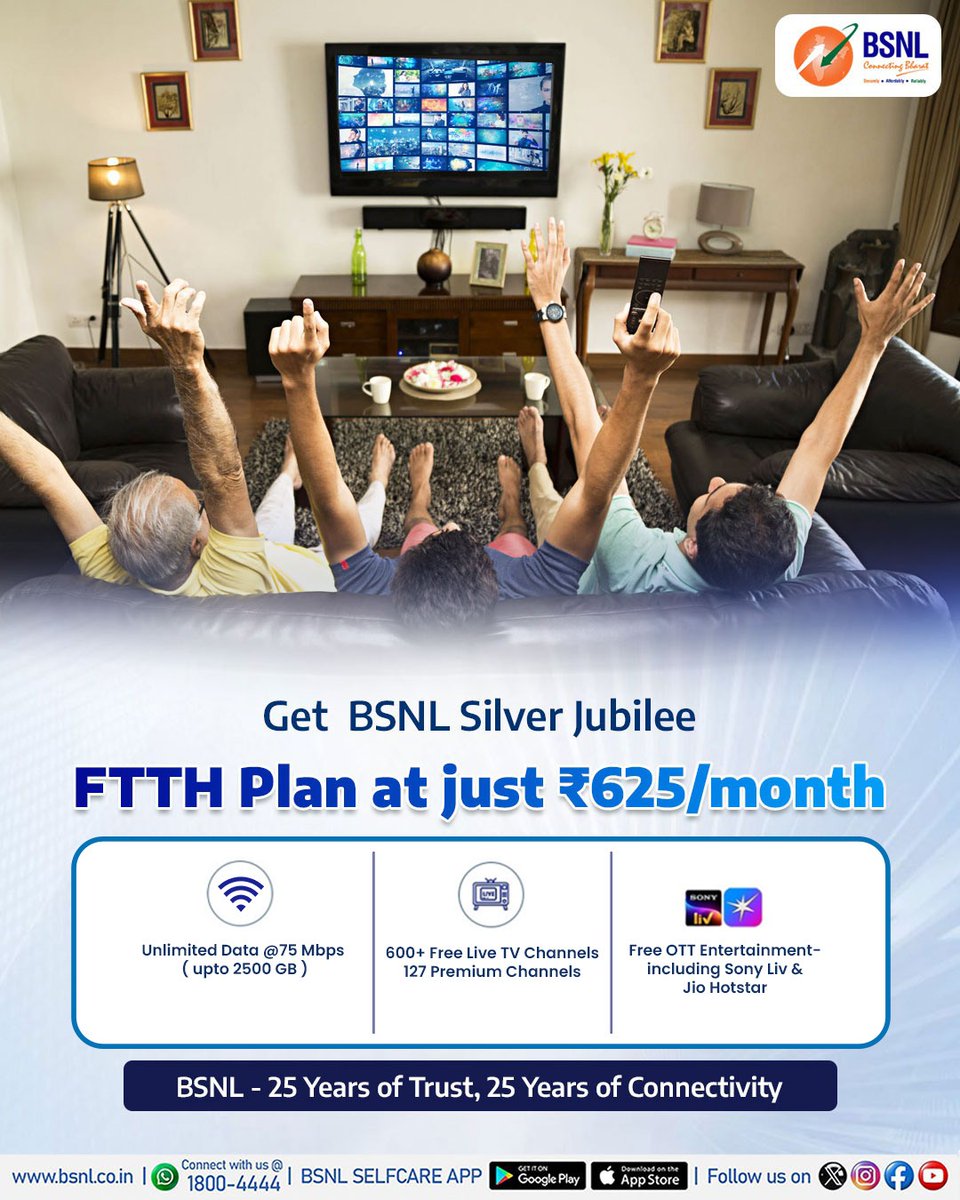 BSNL_KTK's tweet image. 🎉 BSNL Silver Jubilee Offer!
Unlimited high-speed FTTH internet at just ₹625/month! 🚀
Enjoy seamless streaming, browsing, and video calls with India’s trusted network. 💪
Connect with BSNL FTTH – Fast, Reliable &amp;amp; Affordable!
#BSNL #SilverJubileePlan #FTTH #DigitalIndia
