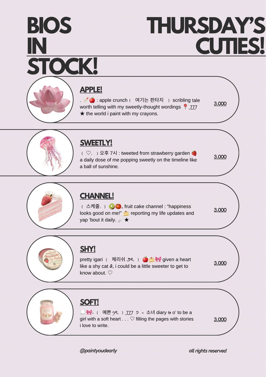 paintyoudearly's tweet image. 𓈒⠀⠀𓏸⠀⠀𓇼 a repost, please? thank you! 🍮🥄 

happy thursday, lovelies! aku punya bio wording ready stock cuties series yang bisa diklaim sekarang juga. 🍧🎀 grab these beauties fast! &amp;lt;3 #zonauang