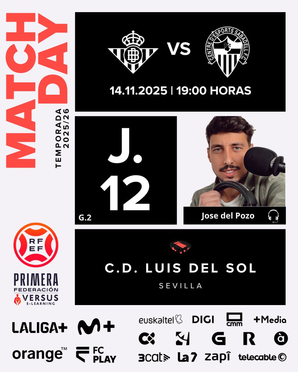 🎙️⚽ Mañana (14/11) a las 19h pongo voz al duelo del #GII.

📌 #J12 | ⚽️ <a href="/Primera_RFEF/">Primera Federación Versus e-Learning</a>
<a href="/RBetisCantera/">Real Betis Cantera</a> 🆚 <a href="/CESabadell/">CE Sabadell 🧅</a> 
🏟️ C.D. Luis del Sol

Un Sabadell invicto, visita al Betis que busca una victoria para salir del fondo de la tabla.

#PrimeraFederación | #VersusELearning