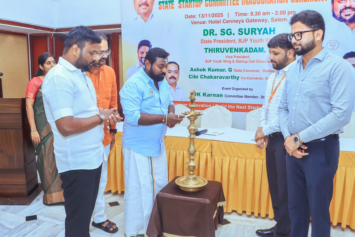 SuryahSG's tweet photo. Today, participated in the State Youth Wing Startup Committee Inauguration Ceremony in Salem.

Congratulations to Mr. SJK.Karnan, Startup Cell Committee Member for excellently organizing this event.

In this event, Vice President of the BJP Youth Wing and Startup Cell Observer Thiru.@ThiruvenkadamH,  State Convener of the Startup Cell Thiru.@ashok_kumar_07, Co-Convener Thiru. @cibi_cm and other office bearers were present.

இன்று சேலத்தில்இளைஞரணி மாநில Startup Committee தொடக்க விழாவில் பங்கேற்றேன்.

இந்த விழாவைச் சிறப்பாக ஒருங்கிணைத்த Startup Cell Committee உறுப்பினரான திரு.SJK கர்ணன் அவர்களுக்கு மனமார்ந்த பாராட்டுகள்.

இந்த விழாவில், பா.ஜ.க இளைஞர் அணி துணைத் தலைவரும்,Startup Cell பார்வையாளருமான திரு. திருவேங்கடம், Startup Cell மாநில அமைப்பாளர் திரு. அசோக் குமார், இணை அமைப்பாளர் திரு. சிபி சக்கரவர்த்தி மற்றும் கட்சி நிர்வாகிகள் கலந்துகொண்டனர்.