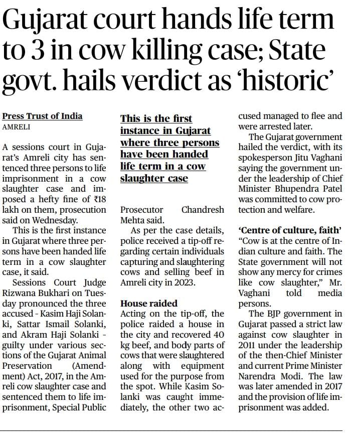🚨 Islamists Kasim Haji Solanki, Sattar Ismail Solanki,
and Akram Haji Solanki are given life term by Gujarat court for their involvement in cow killing case

This is the first instance in Gujarat state where three Islamists have been handed life term for killing a cow.