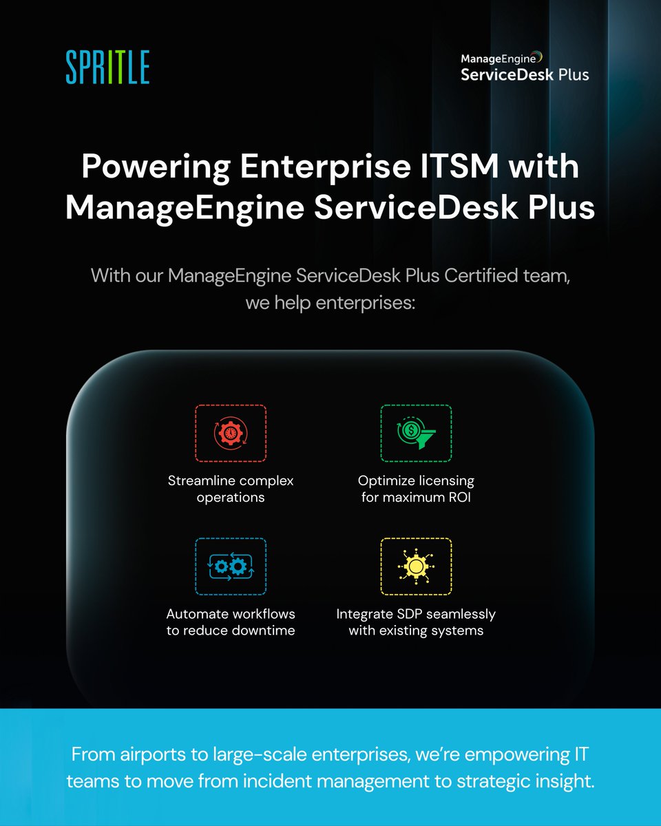 spritlesoftware's tweet image. At Spritle, we’re proud to be a ManageEngine ServiceDesk Plus Certified Partner

#ManageEngine #Zoho #ServiceDeskPlus #ITSM #Spritle #DigitalTransformation #Automation #EnterpriseIT #TechPartnership #Innovation