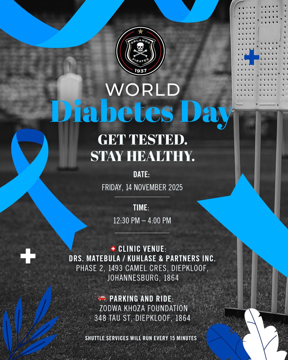 orlandopirates's tweet image. Tomorrow is World Diabetes Day, Bucs Family let us  stand together for better health⚕.

Visit your nearest clinic tomorrow, for a free test - early detection save lives.

#WorldDiabetesDay #GetTestedStayHealthy

⚫️🔴⚪️⭐️
#OrlandoPirates
#OnceAlways