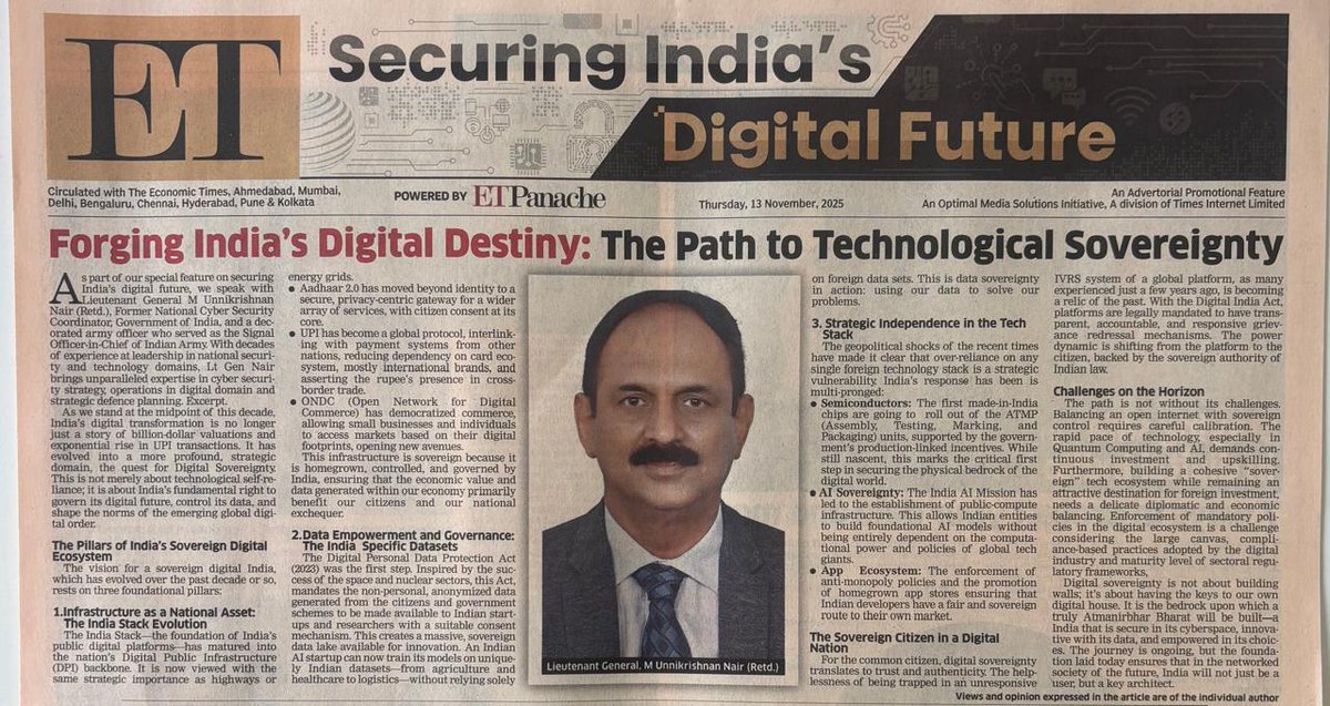 BharatDigi94803's tweet image. “India at a Digital Crossroads: #TechSovereignty Is the New Strategy.”
In a powerful @EconomicTimes feature, Lt. Gen. M U Nair (Retd.) — BDIA’s Honorary Member &amp;amp; former National Cybersecurity Coordinator — outlines India’s roadmap to true #TechnologicalSovereignty.