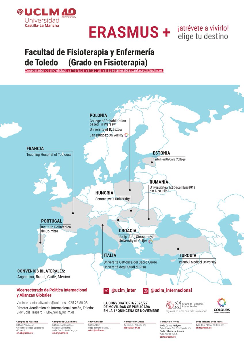 📢 Estudiantes del campus de Toledo: ya podéis consultar los nuevos destinos para movilidades internacionales 🌍
Facultades: <a href="/Fafeto_UCLM/">Facultad Fisioterapia y Enfermería (UCLM)</a> <a href="/toledoeducacion/">Educación de Toledo</a> 
🗓️ Convocatorias: noviembre de 2025