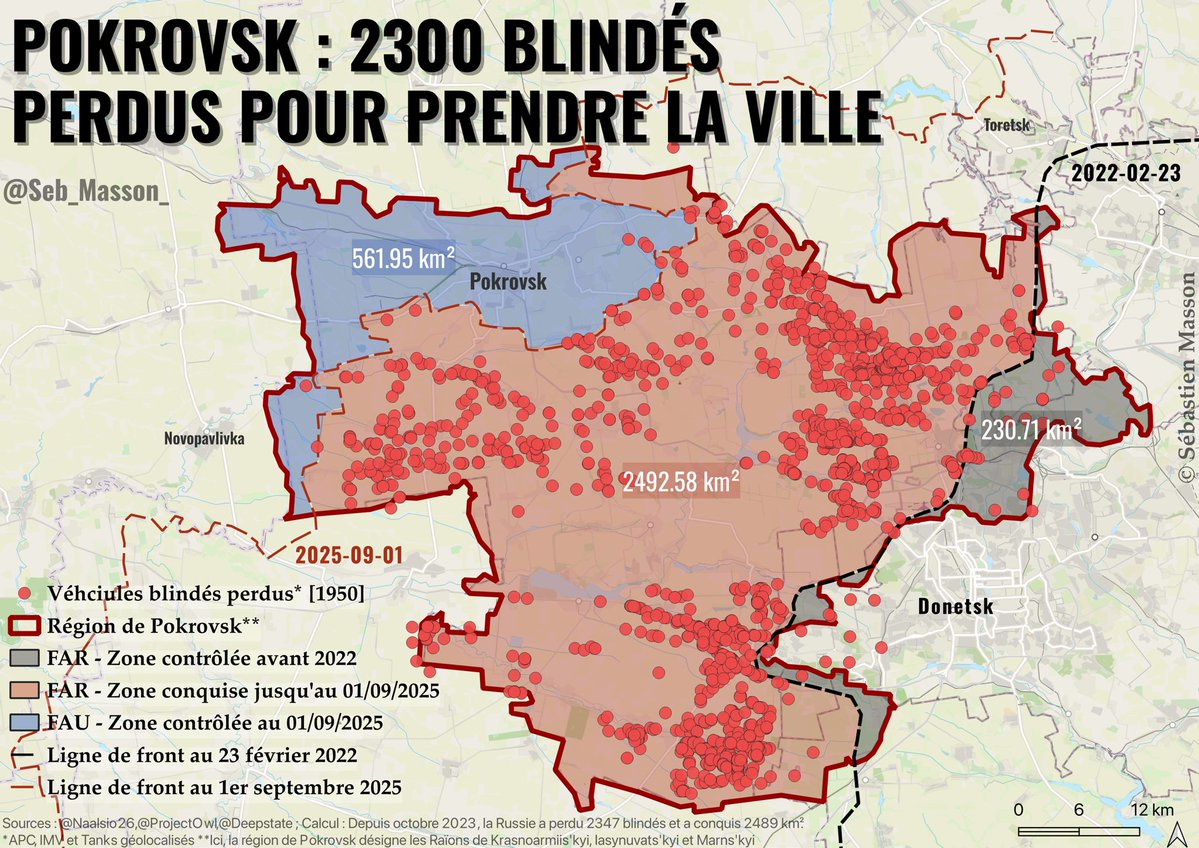 PeurAvion's tweet image. La Russie a perdu 1 blindé pour chaque km² conquis dans le Raïon de Pokrovsk.
Cartographie des pertes prouvées et géolocalisée, réalisée par @Seb_Masson_ de @barathinktank, à partir des données OSINT de @naalsio26.