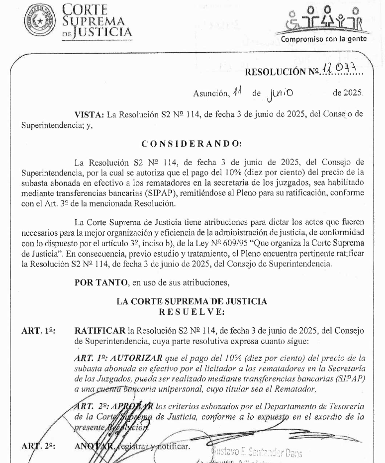 #SabiasQue la CSJ dictó una Res. 12.077/25 por la cual autoriza el pago del 10% del precio de los remates judiciales vía transferencia (SIPAP). Este mecanismo agiliza -y en mi opinión da seguridad- los pagos, evitando el movimiento físico de dinero efectivo en las subastas