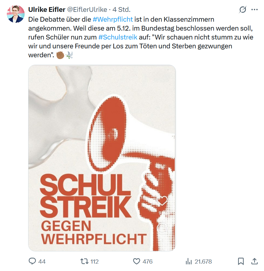 ungemeve's tweet photo. In der Erregungsökonomie des Informationszeitalters ist es gesund, bei Meldungen auf seinen Empfangsgeräten einzustufen, was wenig interessiert. Nach dem Motto: „Wow, ist mir DAS scheißegal!“
Das ist bei jedem anders. Bei mir persönlich ist das zumeist etwas mit Fußball, Trans oder Kümmel. Vor allem alles mit Kümmel.
 
Wenn aber ein Vorstandsmitglied der Linken darauf aufmerksam macht, dass Schüler wegen der Wehrpflicht zu einem Schulstreik aufrufen, gewinnt das schon am frühen Mittag meine Rangliste.
Selbst der Delfin in Venedig ist interessanter.
 
Und bevor einer mit „Kann mal bitte jemand an die Kinder denken“ kommt, vier Fragen als Nachdenkhilfe:
 
▶️ Sind viele tatsächlich so fehlgeleitet zu glauben, dass Zivilisten in einem Krieg sicherer leben und Krieg nur von bezahlten Idioten und Söldnern auf einem Acker ausgetragen wird, oder geht es eher um ganz persönliche Nachteile?
 
▶️ Wird der Staat als ein gesellschaftliches Konstrukt verstanden und gelehrt, das solidarisch durch Geben und Nehmen funktioniert, oder als Dienstleister, der für soziale Fürsorge, Schulbildung, Studium, Straßen und Müllabfuhr zu sorgen hat und unangenehme Themen sich von Zauberhand erledigen?
 
▶️ Sind die Millionen Wehrpflichtige, die fast 55 Jahre lang eingezogen wurden, alle freudestrahlend gegangen?
 
▶️ In welchem demokratischen Staat, in dem ich leben möchte, würde die betroffene Generation Jugendlicher bei einer Wehrpflicht in Jubel ausbrechen?