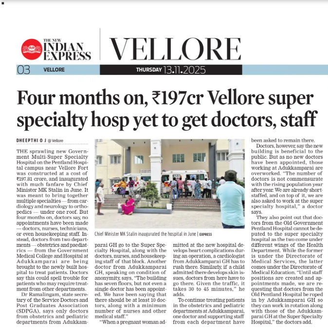 JDheepthi's tweet image. Four months on since the inauguration of Multi Super Speciality Hospital, built at the cost of Rs 197.81 crore, in #Vellore inside Pentland Hospital complex, not a single doctor appointed for it, says doctors’ association. @xpresstn