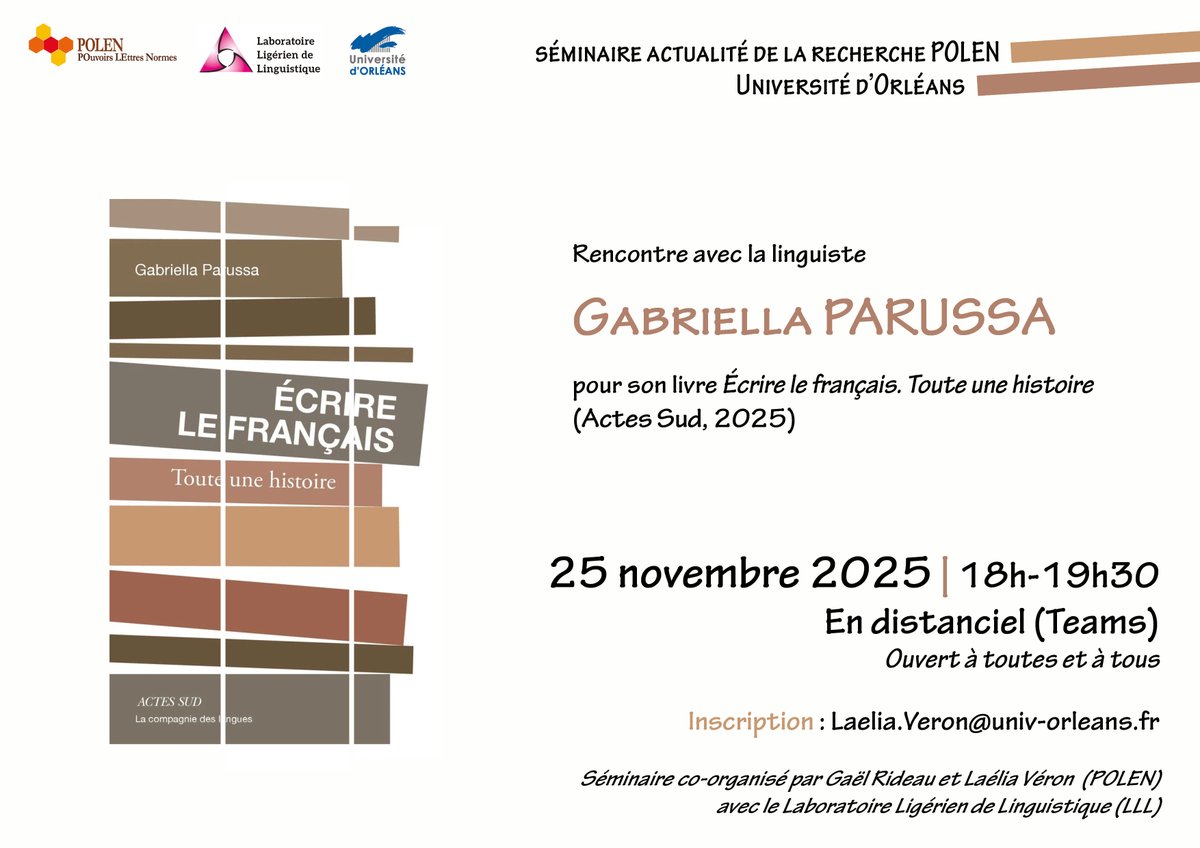Séminaire de l’actualité de la recherche : c’est un séminaire interdisciplinaire en ligne, ouvert à toutes et à tous, co-organisé avec mon collègue Gaël Rideau. Le 25 novembre, nous recevrons la linguiste Gabriella Parussa pour « Écrire le français » (18h-19h30) <a href="/ActesSud/">Actes Sud</a> ⬇️
