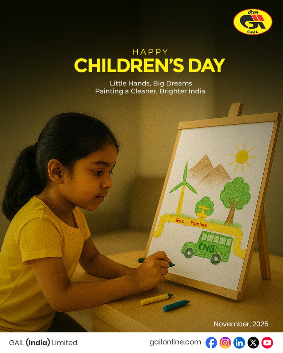 gailindia's tweet photo. Little Hands, Big Dreams. Painting a Cleaner, Brighter India.
Let's nurture the young minds that will drive change tomorrow.
@HardeepSPuri
@TheSureshGopi
@PetroleumMin
#HappyChildrensDay2025 #FutureReady #ChildrenOfTheFuture #GAIL #WahKyaEnergyHai https://t.co/woqTQsIUMM